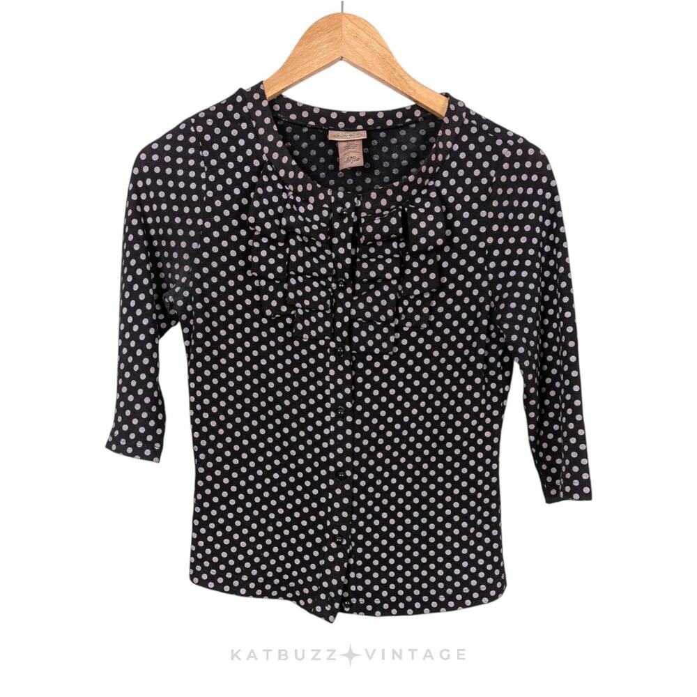Vintage Polkadot Cardigan Top S Black Ruffle Twee Y2K Retro Glam Secretary 3/4